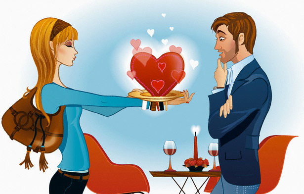 Young Woman Giving Her Heart on a Platter to a Young Man