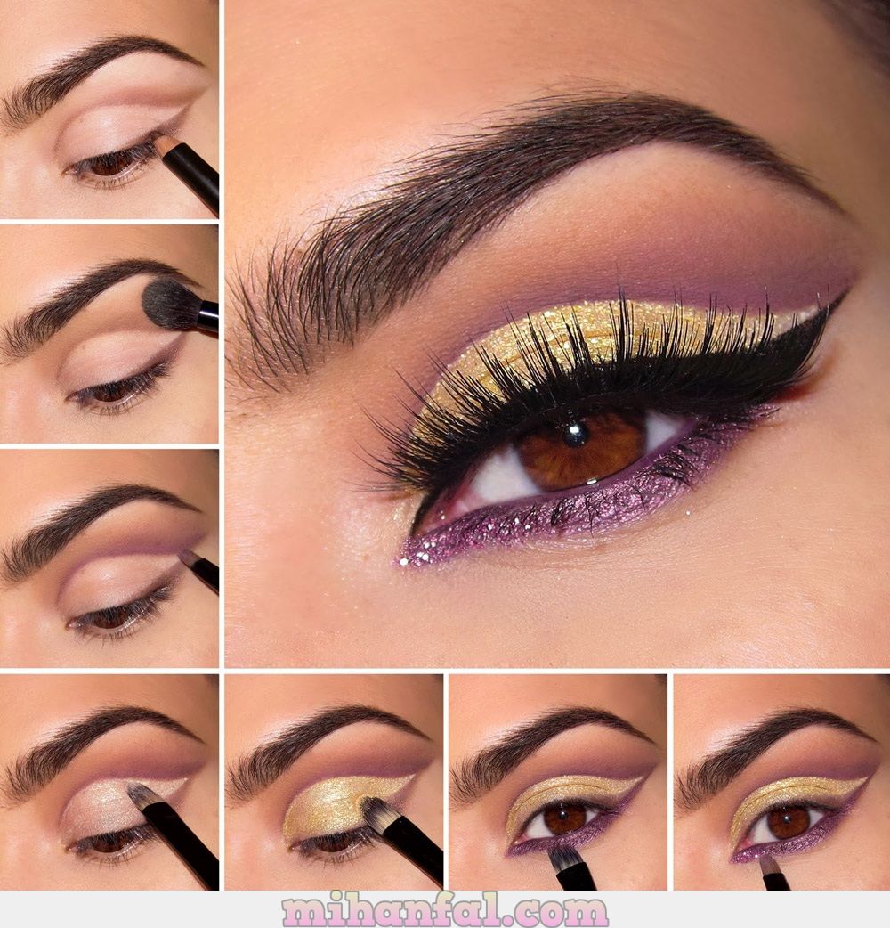 آموزش تصویری آرایش چشم با سایه طلایی و بنفش