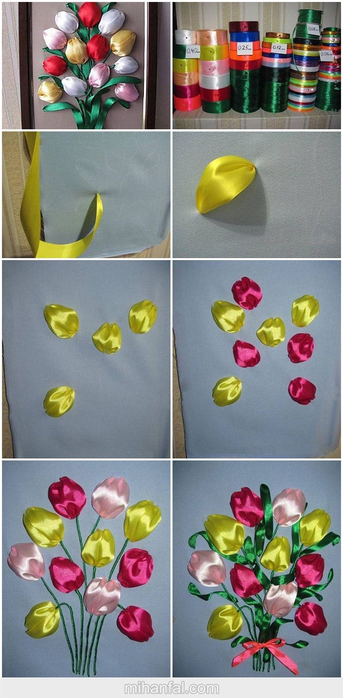 آموزش تصویری ساخت تابلوی گل لاله با روبان