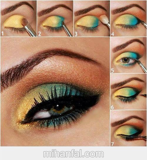 آموزش تصویری آرایش چشم با سایه آبی و طلایی
